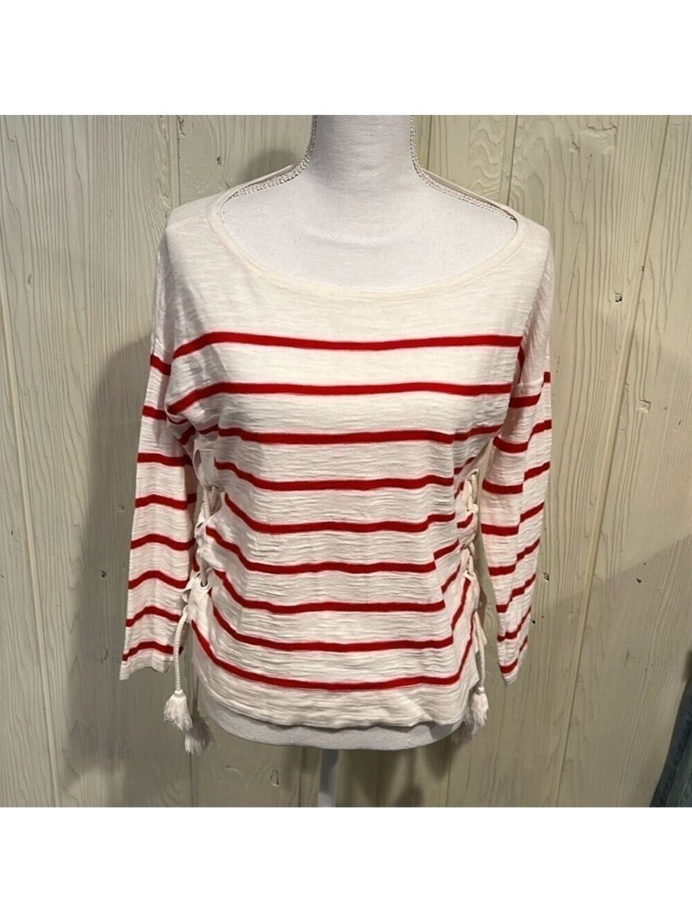 LOFT 100% Cotton Red and Cream Top Small